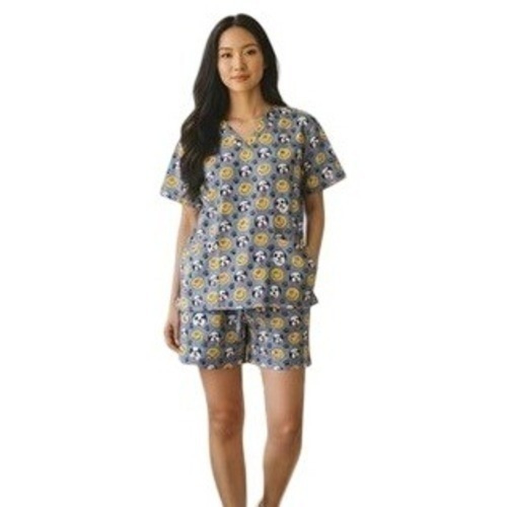VTG Big Dogs Womens L XL Pajama Sleepwear Set Top Shorts Smiley Face Paw Print